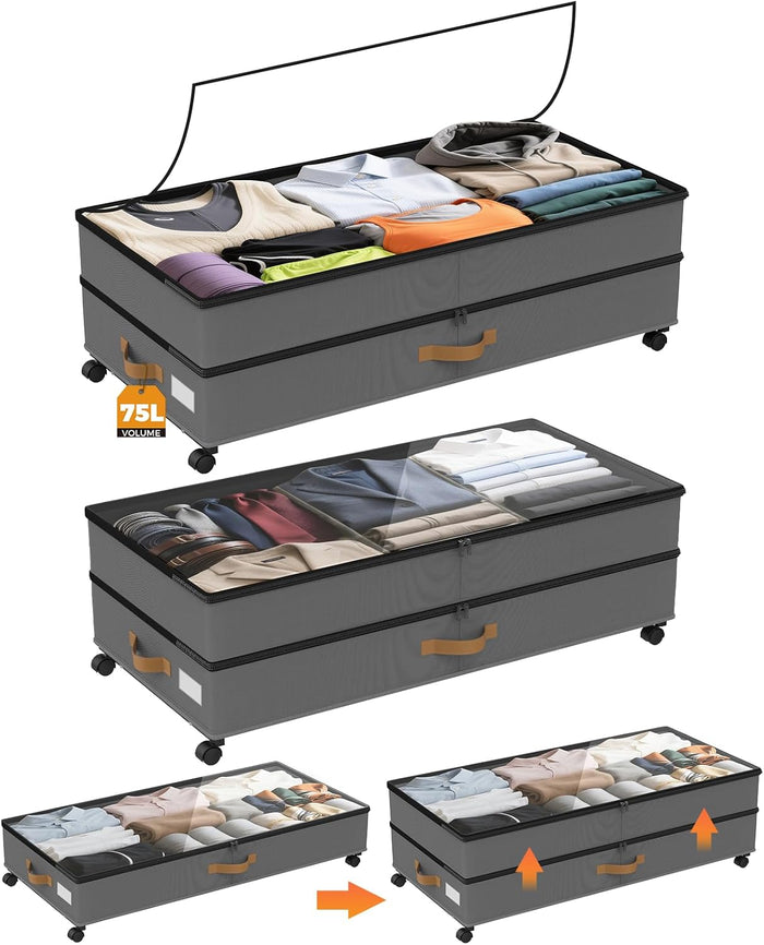 75L 2 Pack Adjustable Under Bed Storage with Wheels