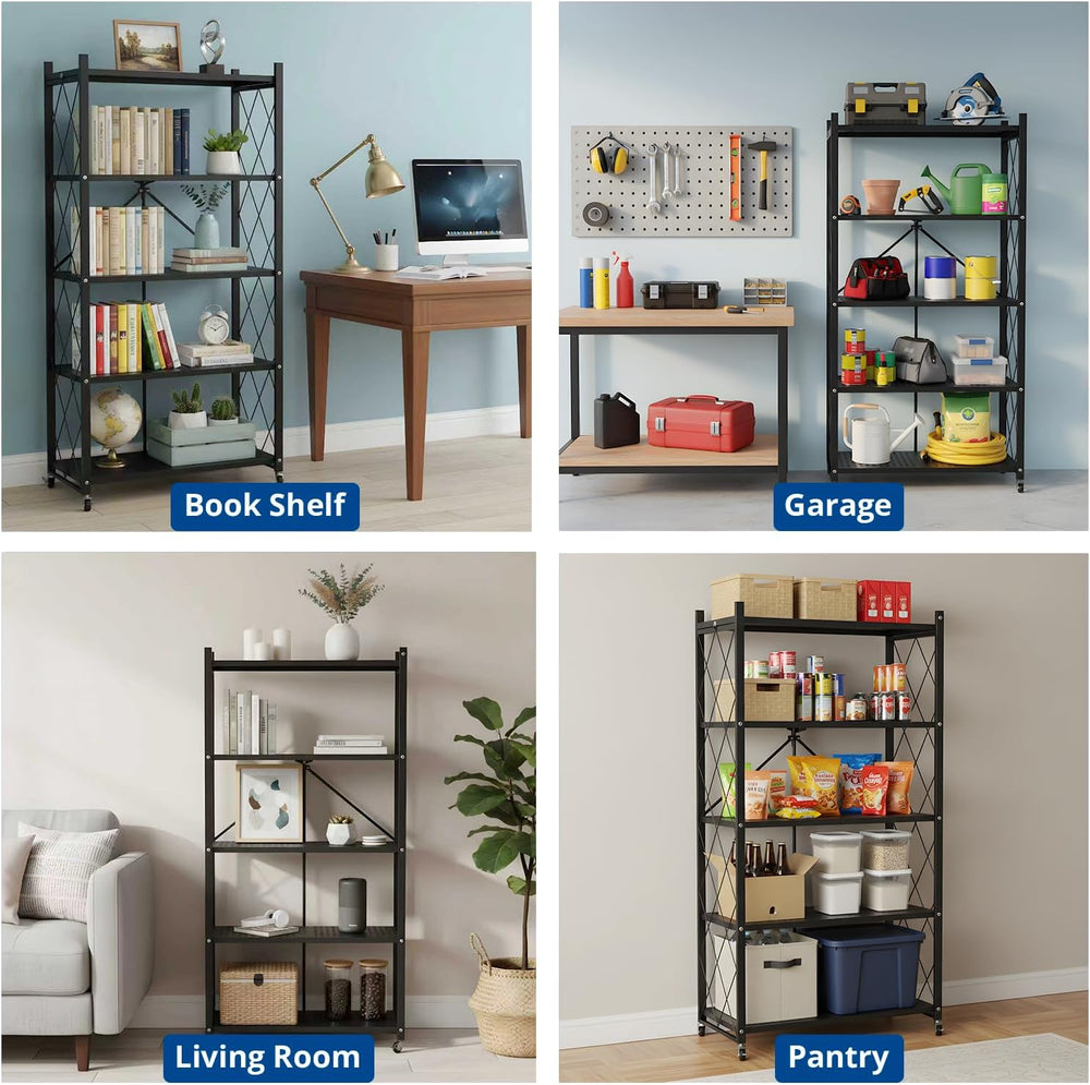5 Tier Foldable Storage Shelf with Wheels, Heavy-Duty Metal Shelving Unit, No...