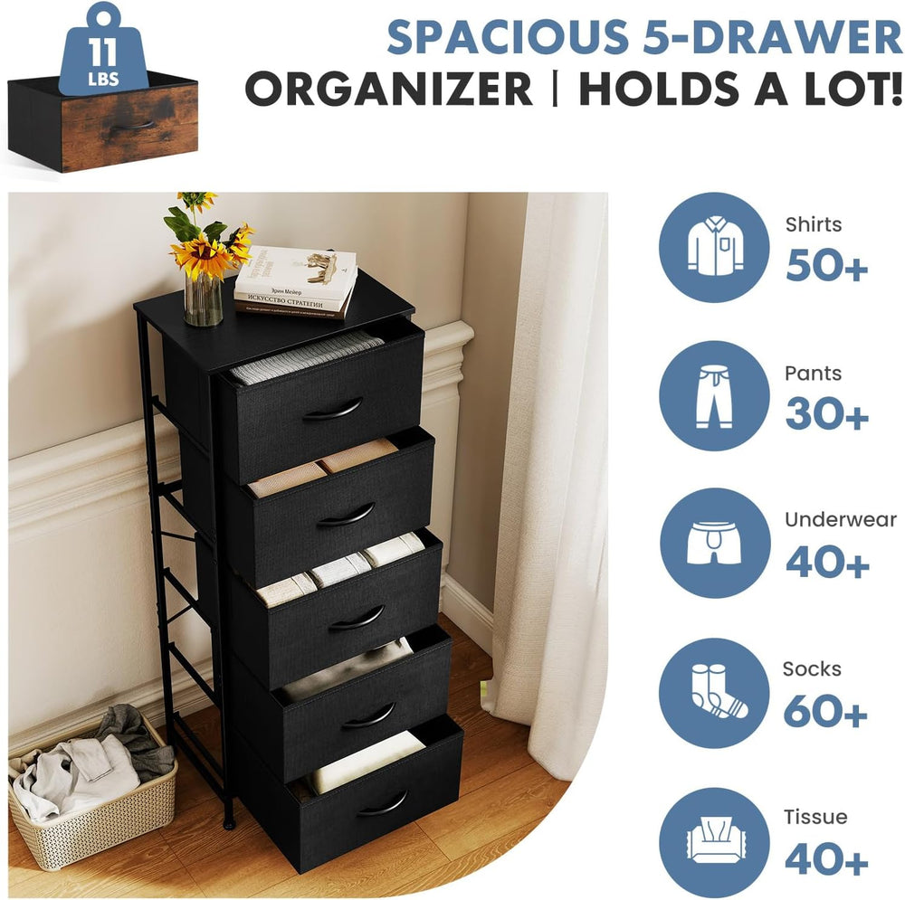 OLIXIS Tall 5 Drawer Fabric Dresser Storage Tower Bedroom Organizer, Black