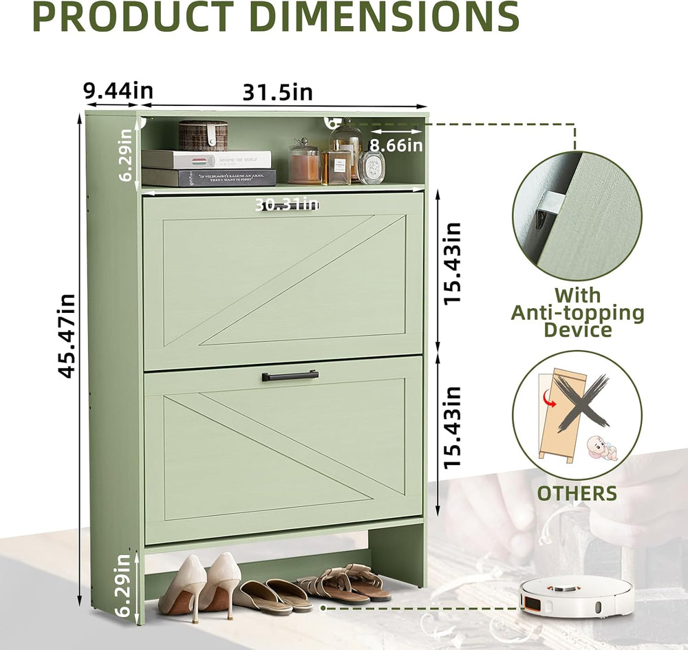 RWYHG Shoe Cabinet with 2 Flip Drawers, Narrow Entryway Organizer,Green