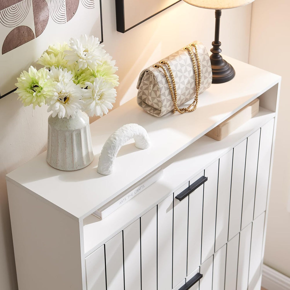 Narrow Shoe Storage Cabinet with Flip Drawers Wooden Organizer Drawer and Ope...