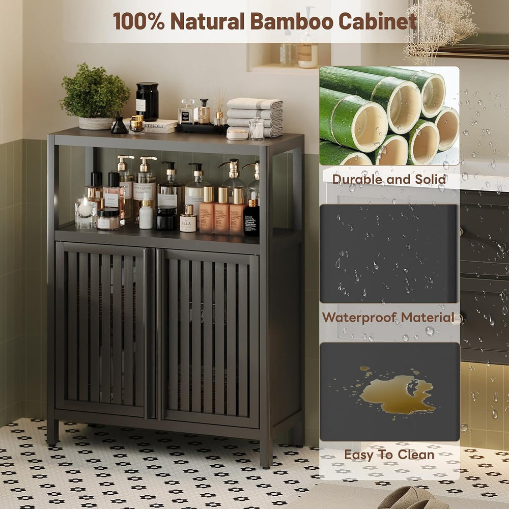 Bamboo Bathroom Storage Cabinet Furniture, Bathroom Floor Cabinet with 2 Shut...