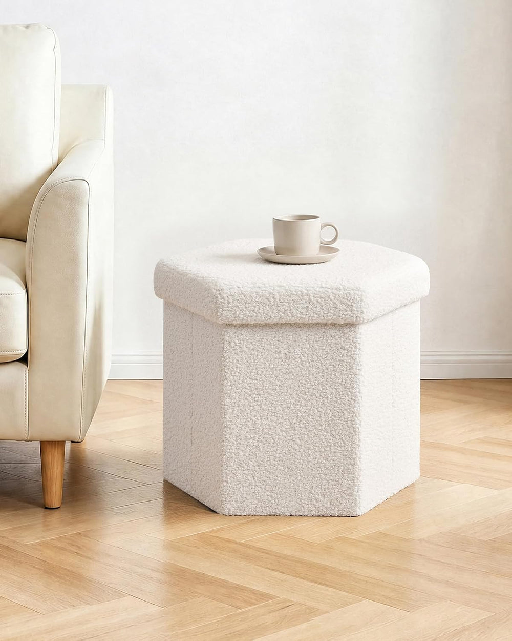 B FSOBEIIALEO Storage Ottoman,15" Hexagonal Teddy Pouf Ottomans,Cream White