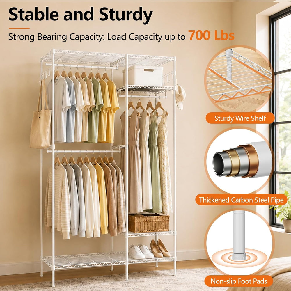 Clothes Rack with Adjustable Wire Shelves & Hanging Rods, White