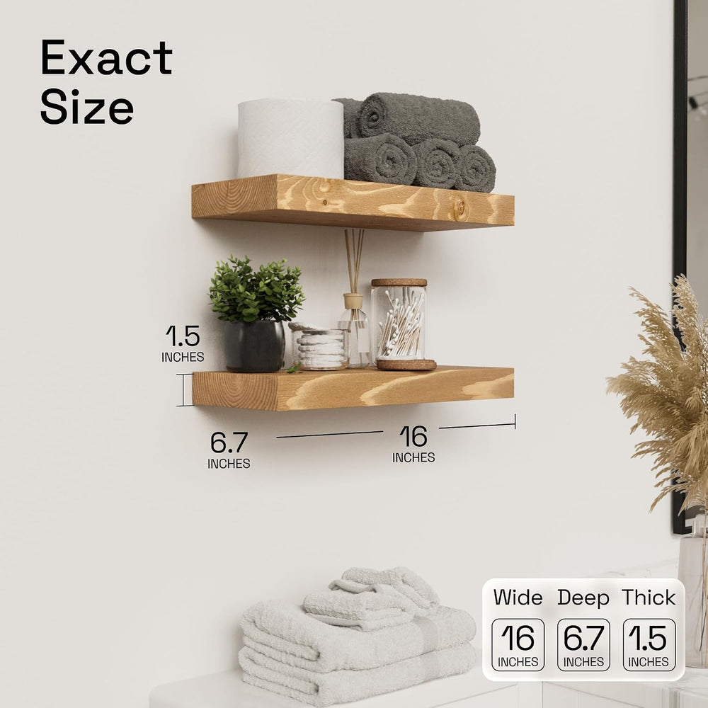 Natural Wood Floating Shelves for Wall 16 Inch Oak, Wooden Bathroom Shelf