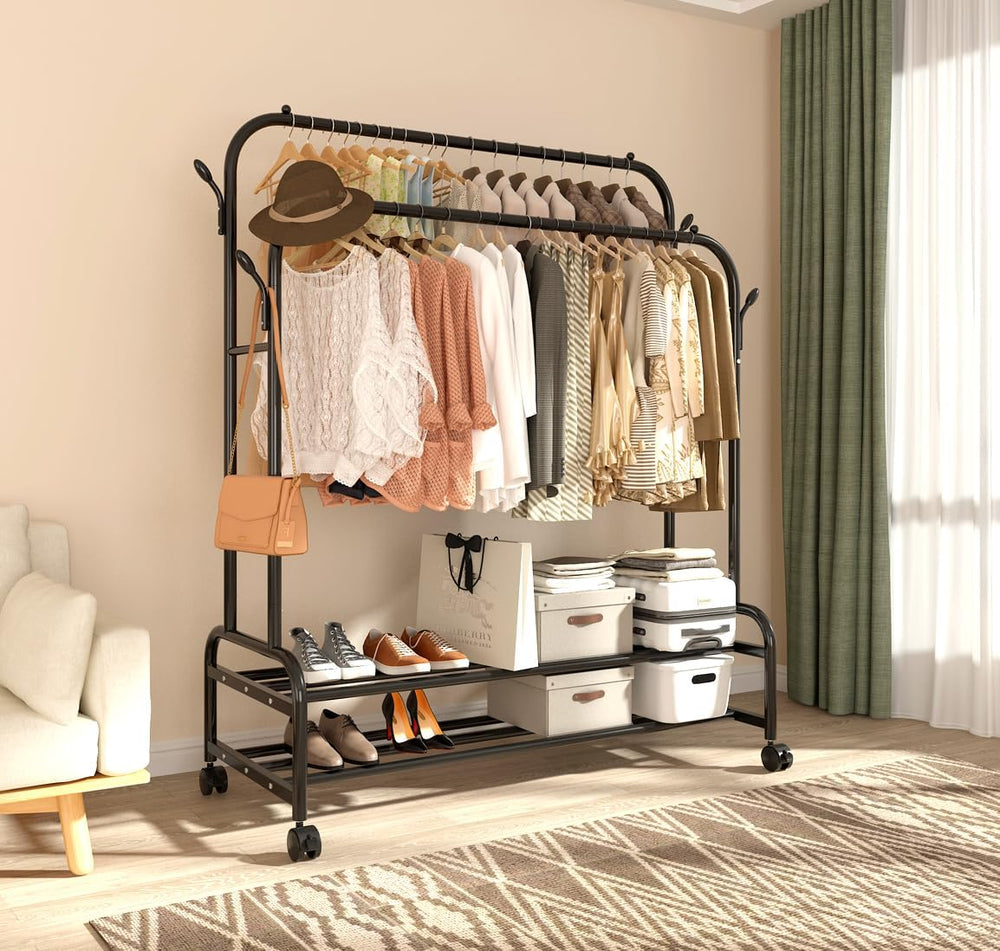 Antiwar Sturdy Metal Double Rodding Clothes Rack With Wheels, Portable Clothi...