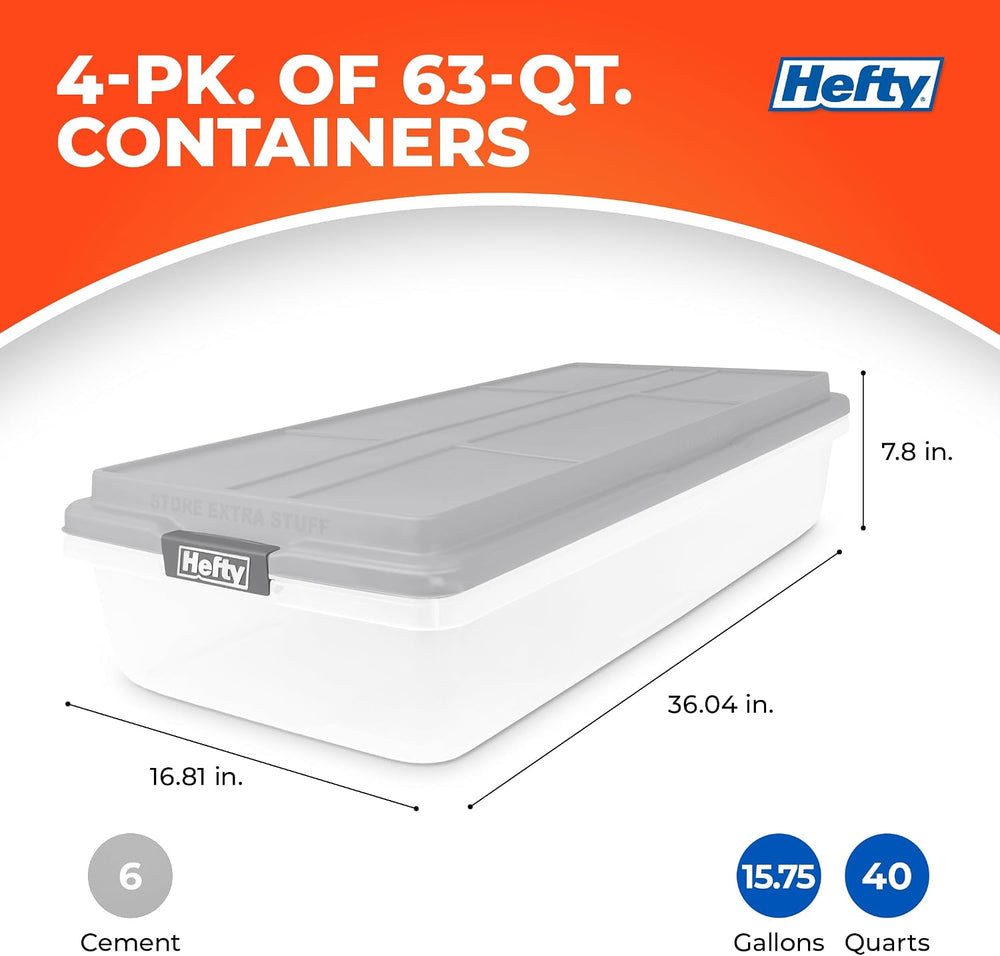 Hefty 63 Qt Hi-Rise Storage Bin with Lid, Stackable Plastic Storage Container...