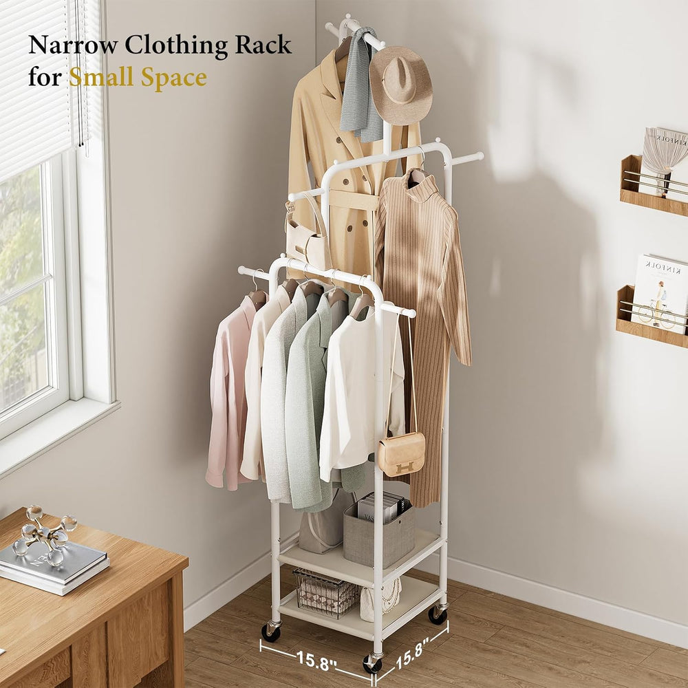Chrislley Small Clothing Rack With Wheels & 2 Shelves, Narrow Clothes Rack
