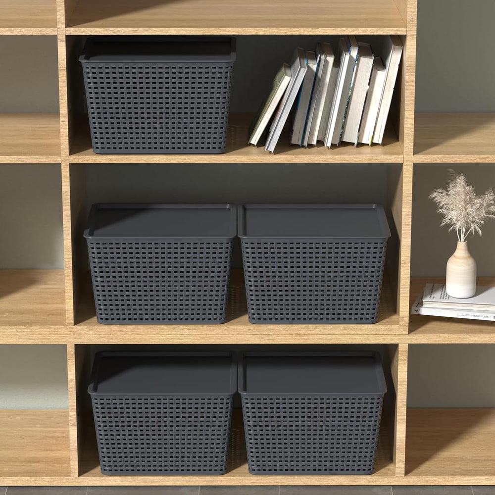 6-Pack Large Plastic Storage Baskets with Lid, Stackable Bins
