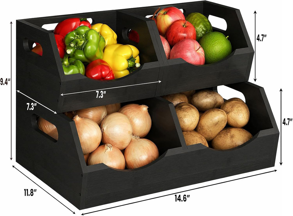 Potato and Onion Storage Bin, 2 Tier Bamboo Kitchen Storage Rack, Stackable V...