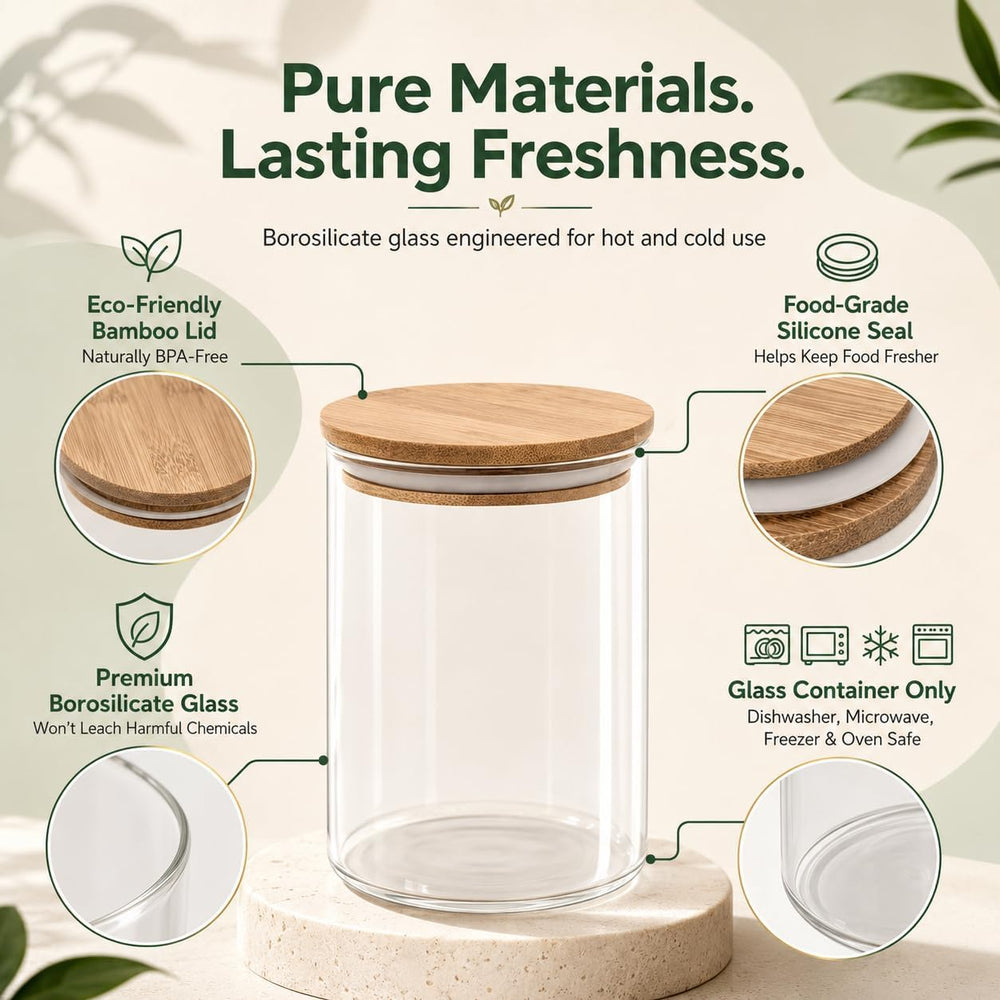 Set of 5 Glass Kitchen Canisters with Airtight Bamboo Lid - Glass Storage Jar...