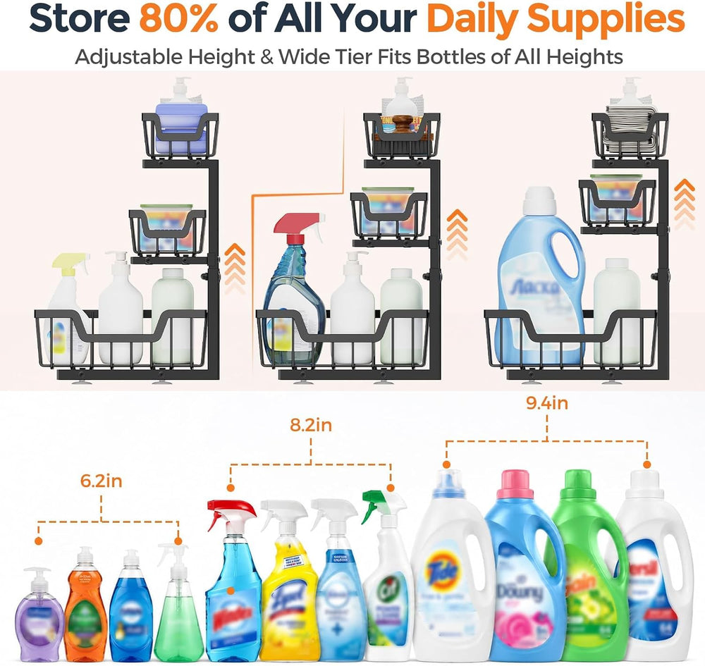 Under Sink Organizer, 2-Pack 3-Tier Height Adjustable Thickened Metal Pull ou...