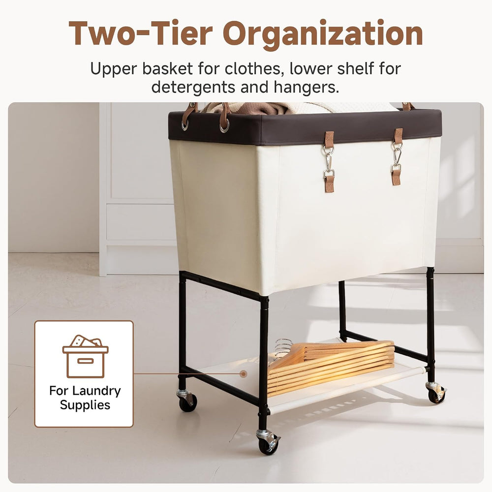 StorageWorks Laundry Cart, 2 Tier Rolling Basket with Wheels, 29 Gal, Beige