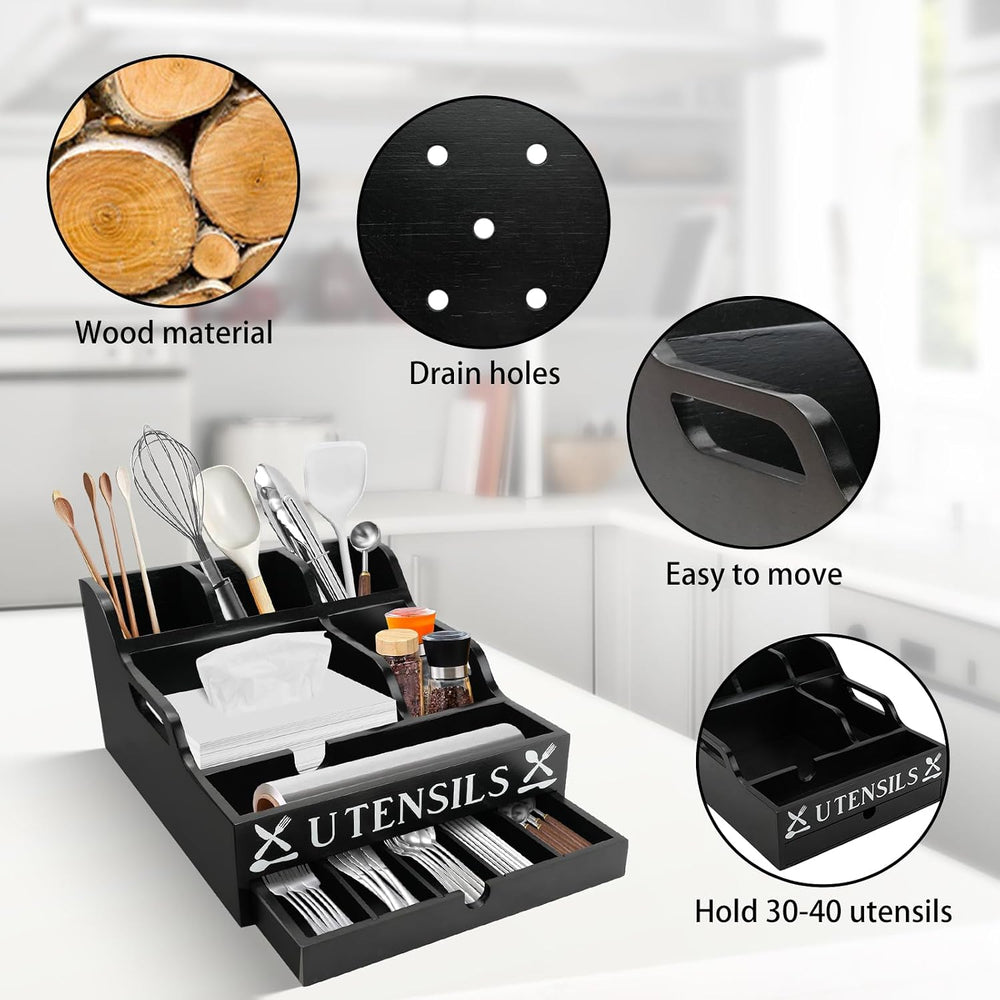 Kitchen Utensil Holder with Drawer, Farmhouse Spatula Organizer for Counterto...