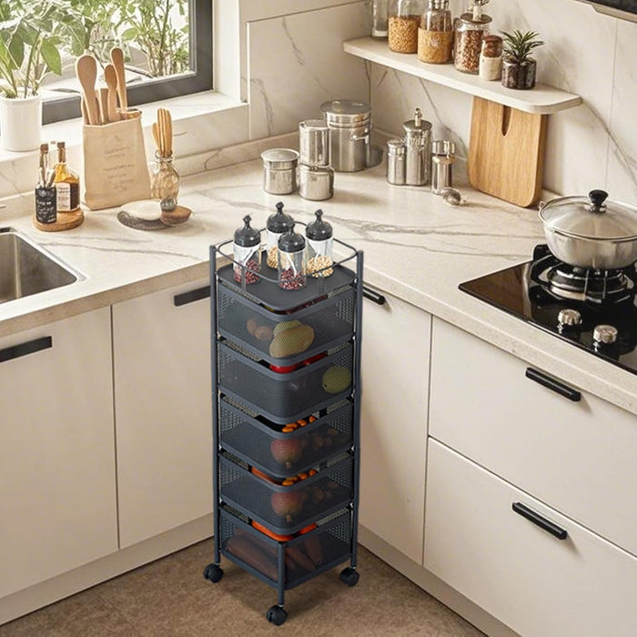 5-Tier Kitchen Storage Cart, Fruit and Vegetable Basket Rotating Storage Rack, Rolling Snack Cart, Metal Rolling Carts with Wheels for Fruit, Potato,Vegetable, Snack