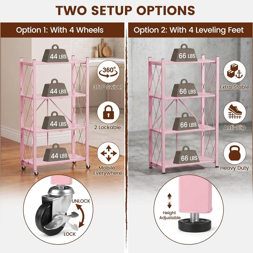 ALANNG 4 Tier Folding Storage Shelf on Wheels,Heavy Duty Metal Rolling Cart
