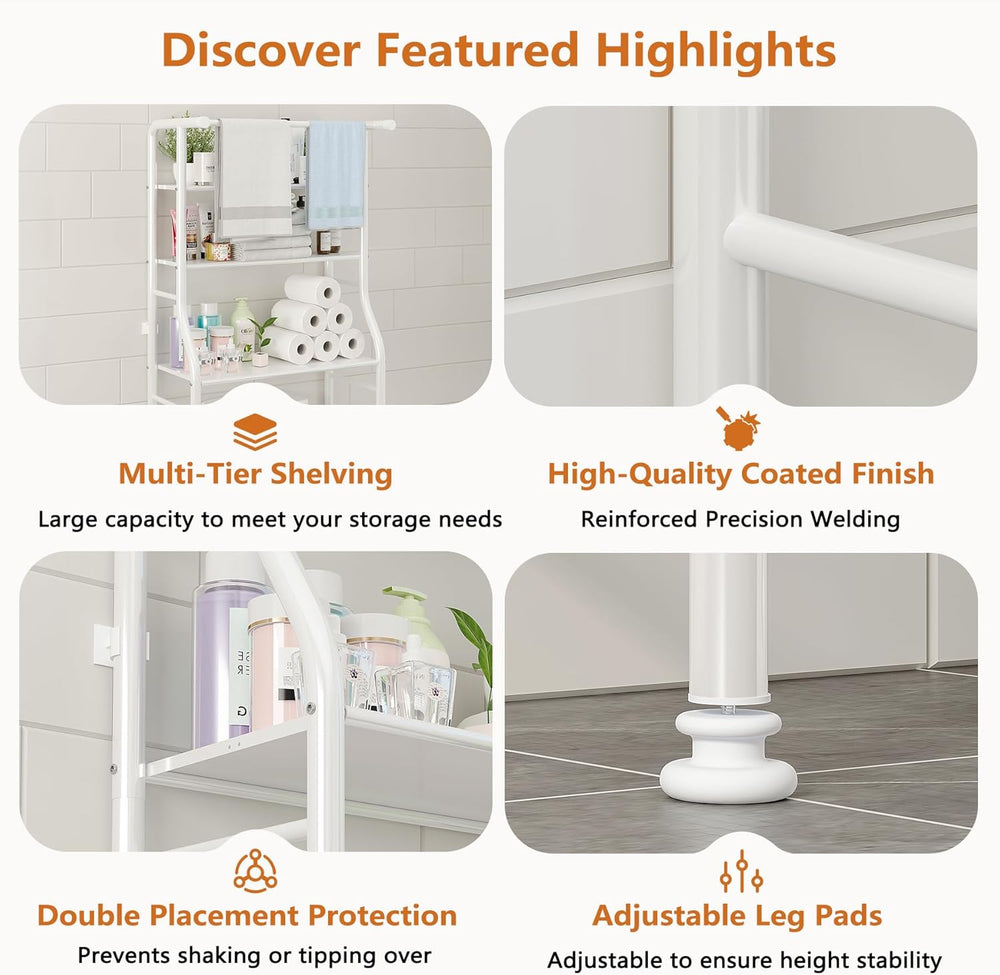 UDEAR 3-Tier Over The Toilet Rack,with Hanging Rod,Tower Shelf,White