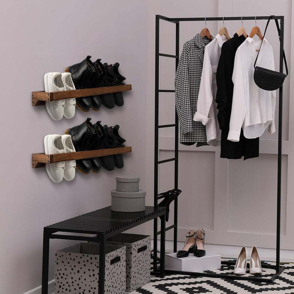 Wenqik 2 Pcs Wall Mounted Wooden Shoe Rack Wood Wall Hanging, Burnt Wood