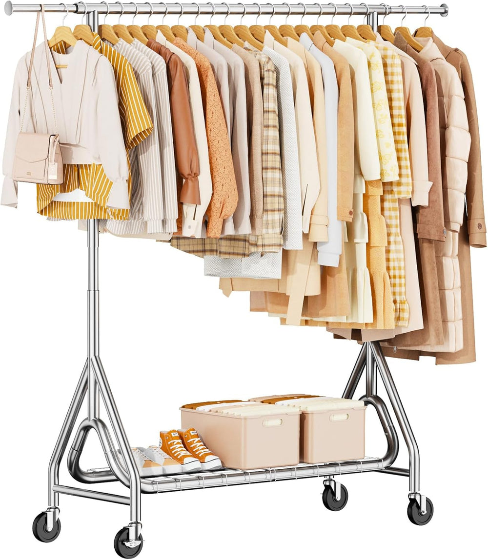 Heavy Duty Clothes Rack for Hanging Clothes with Wheels, Silver