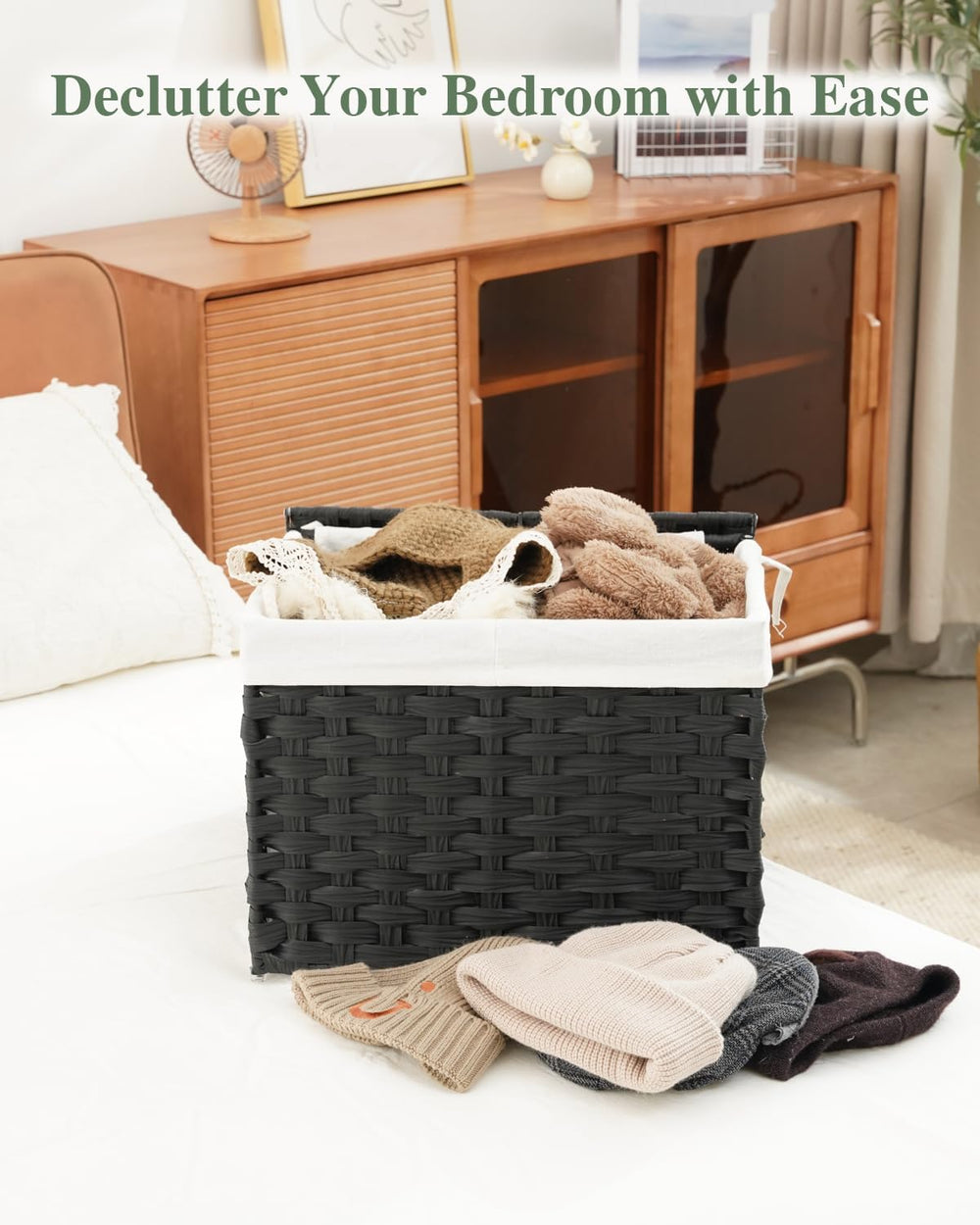 SETVSON Storage Basket with Lid, 2-Lid PE Rattan Storage Bin, Black