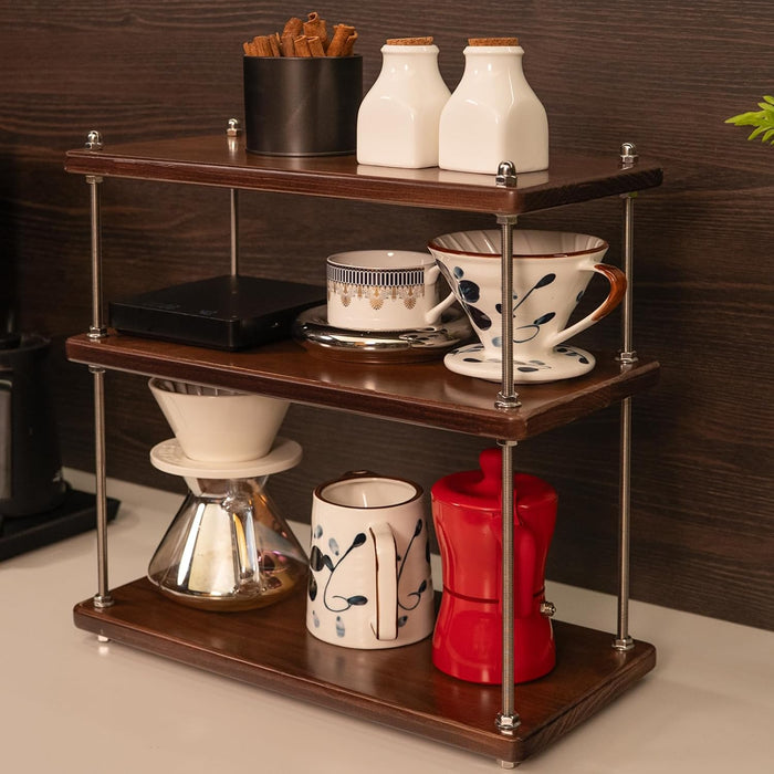 Solid Wood 3 Tier Coffee Bar/Matcha Station Organizer Shelf for Countertop