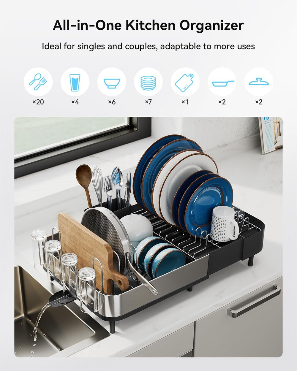 SUNLY Expandable Dish Drying Rack for Kitchen Counter, 304 Stainless Steel Di...