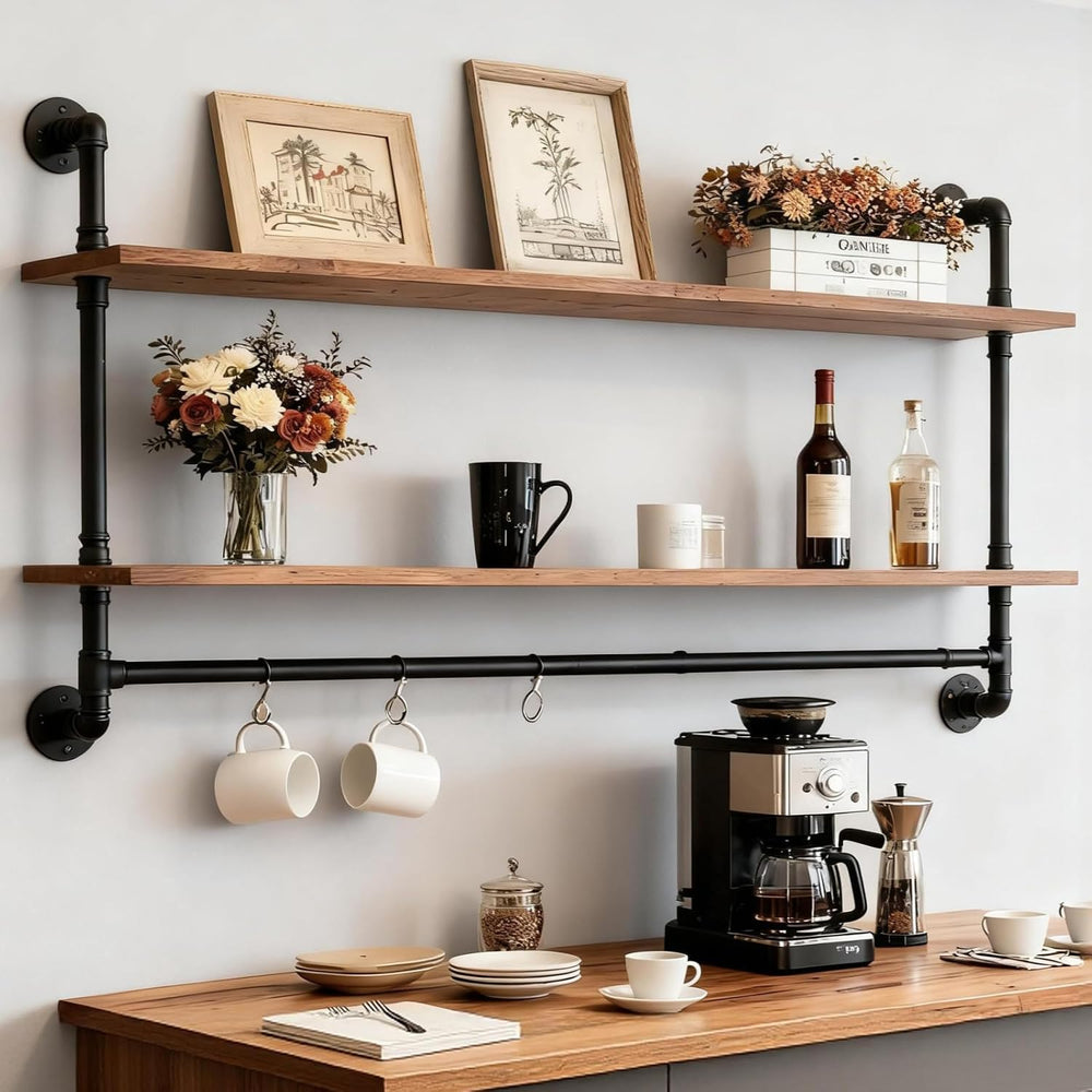 Industrial Pipe Shelving Wall Mounted,Pipe Shelves with Plank(2 Tier 48In)