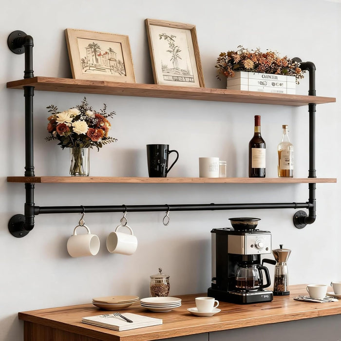 Industrial Pipe Shelving Wall Mounted,Pipe Shelves with Plank(2 Tier 48In)