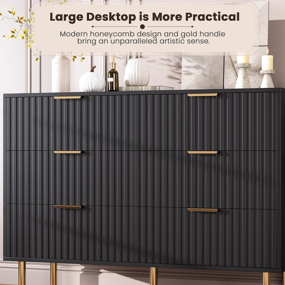 GarveeHome 47.2" Fluted Black 6 Drawer Dresser for Bedroom with Deep Drawer