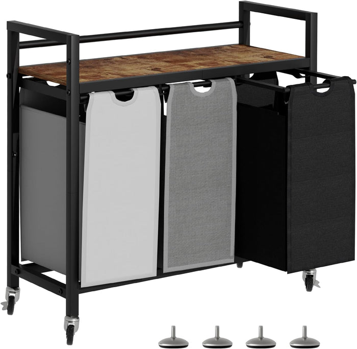 SwaaVee Laundry Sorter, Laundry Hamper 3 Section, 3×11.4Gal, Metal Frame Rolling Laundry Basket with Wooden Top Shelf, Pull out and Removable Laundry Bags, 3 Bags-Black Grey White