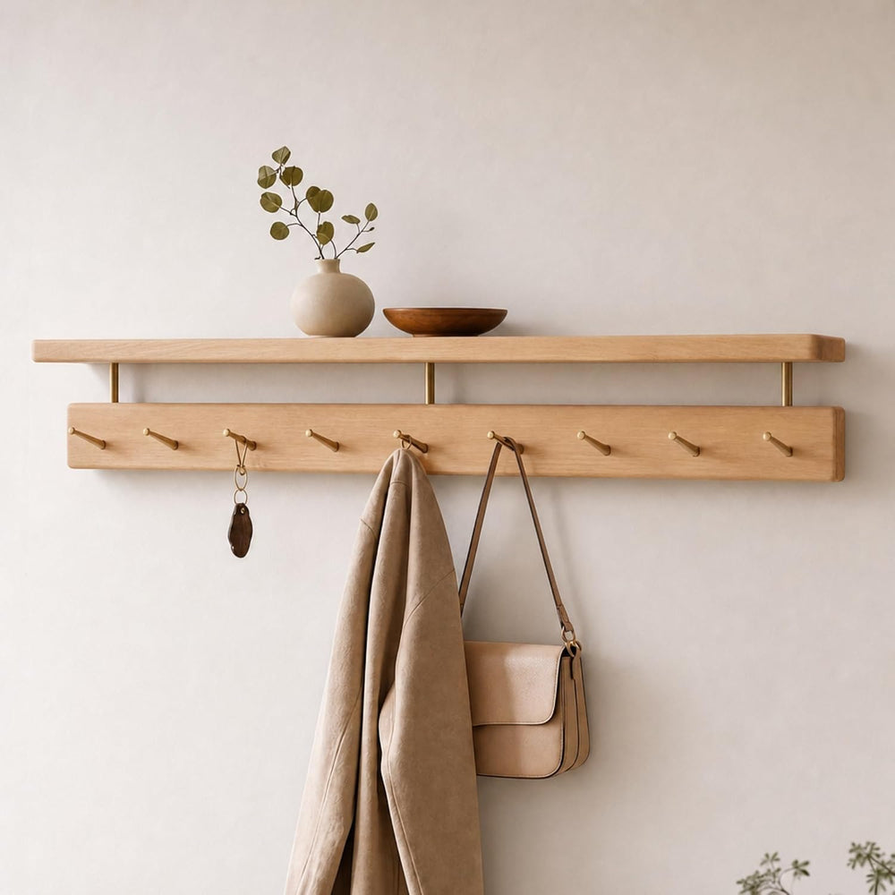 Solid Wood Wall Hooks with Shelf, Coat Rack Wall Mount, Entryway Hanging Shel...