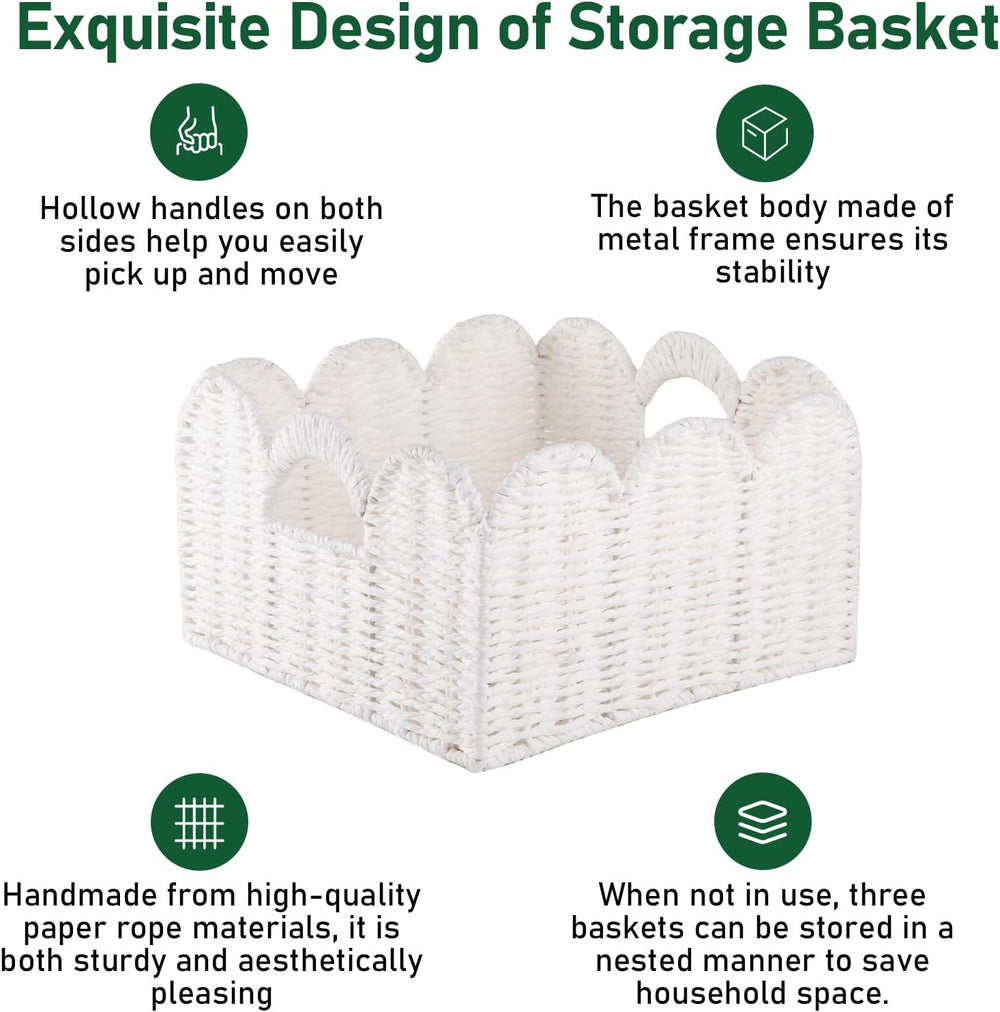 OIAHOMY Scalloped Wicker Baskets, Hand-woven Storage Baskets with Built-in Ha...