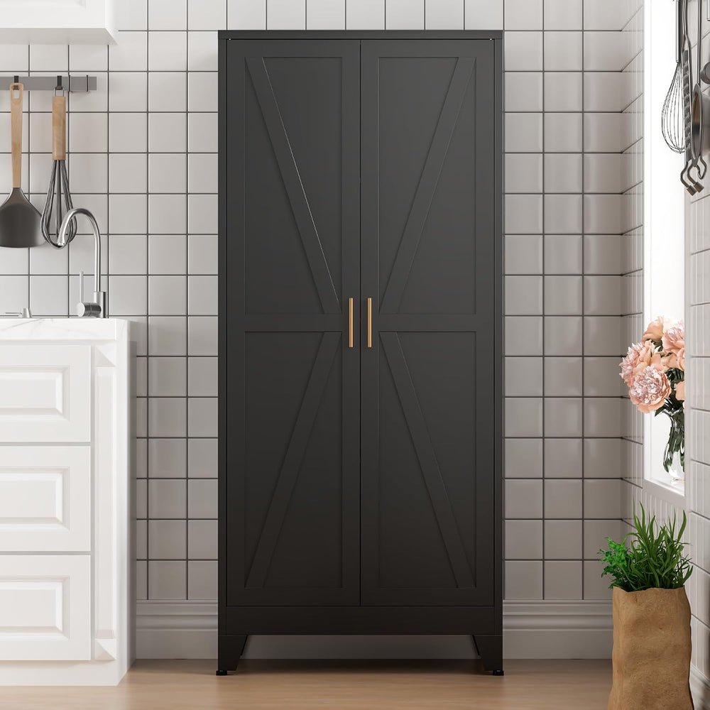 COFaR Black Farmhouse Storage Kitchen Pantry Cabinet with 2 Barn Door, 3 Adju...