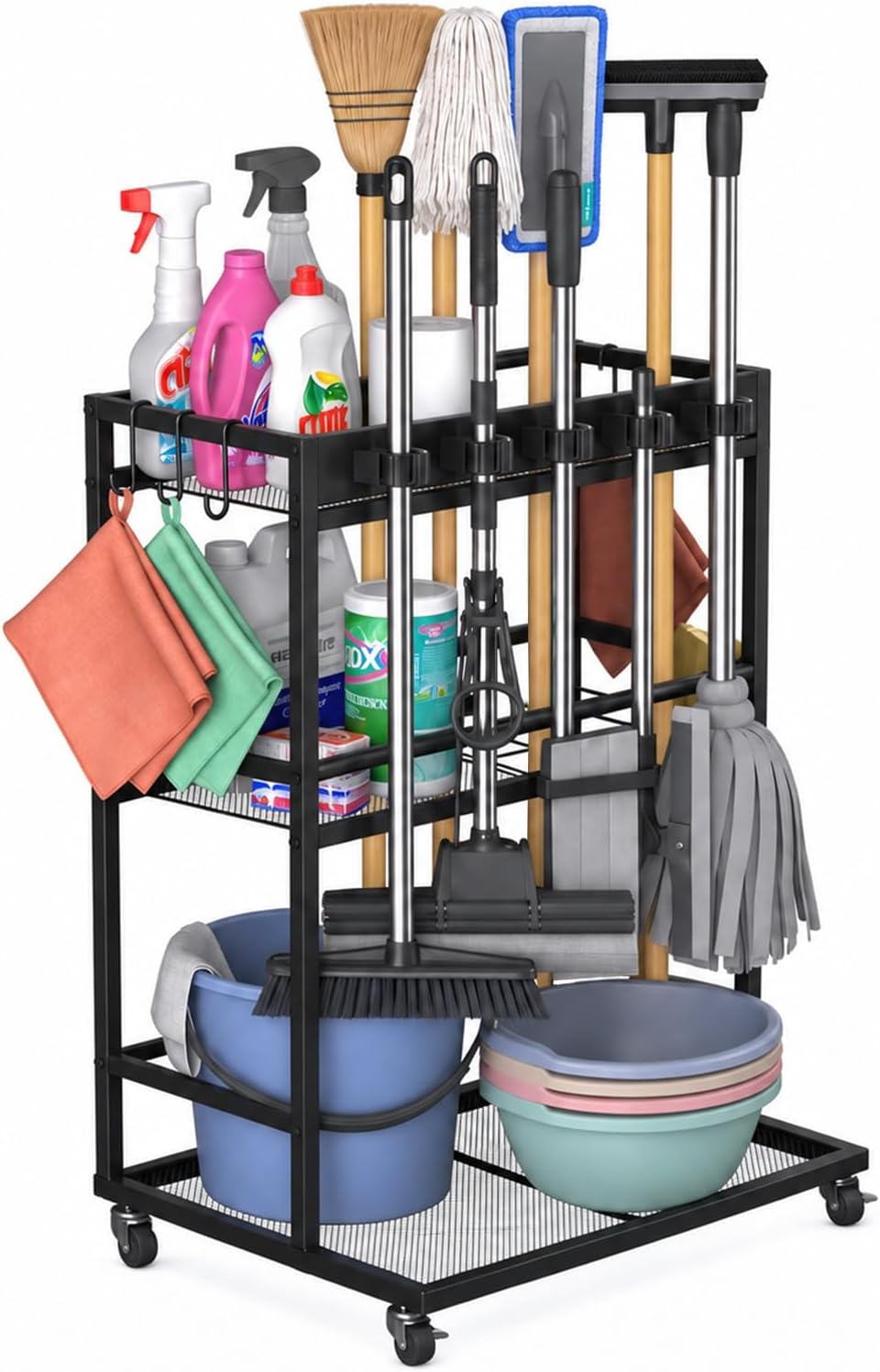 Cleaning Supply Organizer & Broom Holder, Cleaning Cart on Wheels