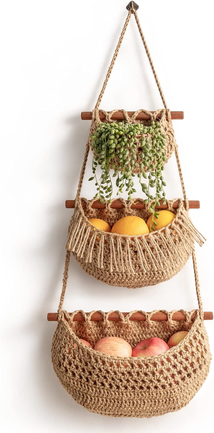 3 Tier Hanging Fruit Baskets for Kitchen, Handmade Jute Organizer