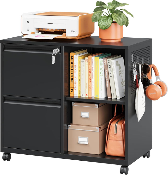 Mobile File Cabinet with Side Hook, 2 Drawer Lateral File Cabinet with Lock fits A4/Letters/Legal Size for Home Office,Metal Rolling Printer Stand with Open Storage Adjustable Shelves(Black)