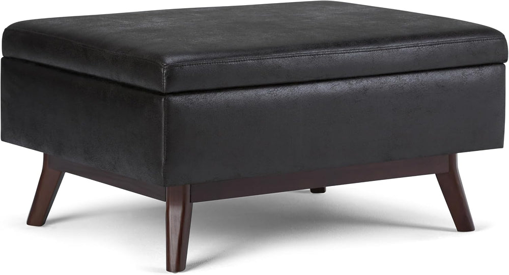 SIMPLIHOME Owen 34" Wide Vegan Leather Rectangle Lift Top Ottoman in Black