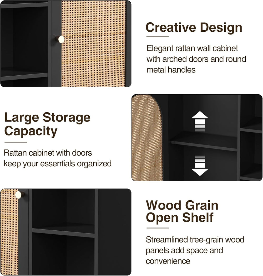 Rattan Bathroom Wall Cabinet, Boho Medicine Wall Cabinets with Door and Adjus...
