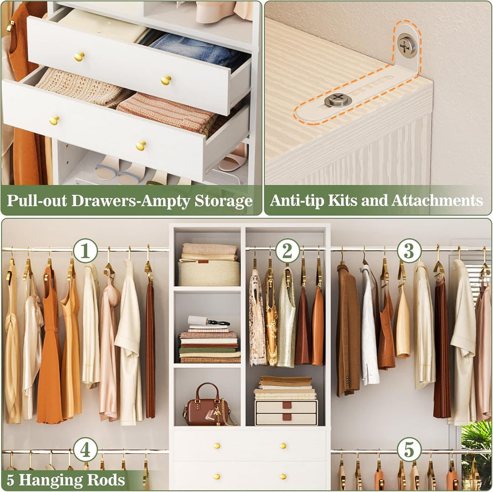 Besiost Closet System, 4.2–8.8 FT Closet Organizer with 2 Wooden Drawers and ...