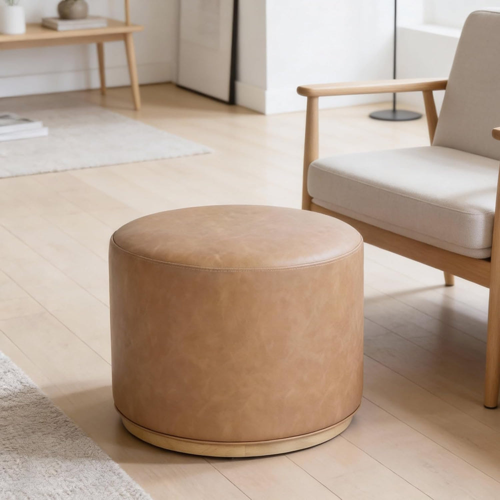 Spatial Order 22" Round Ottoman with Wooden Base - Sand Faux Leather