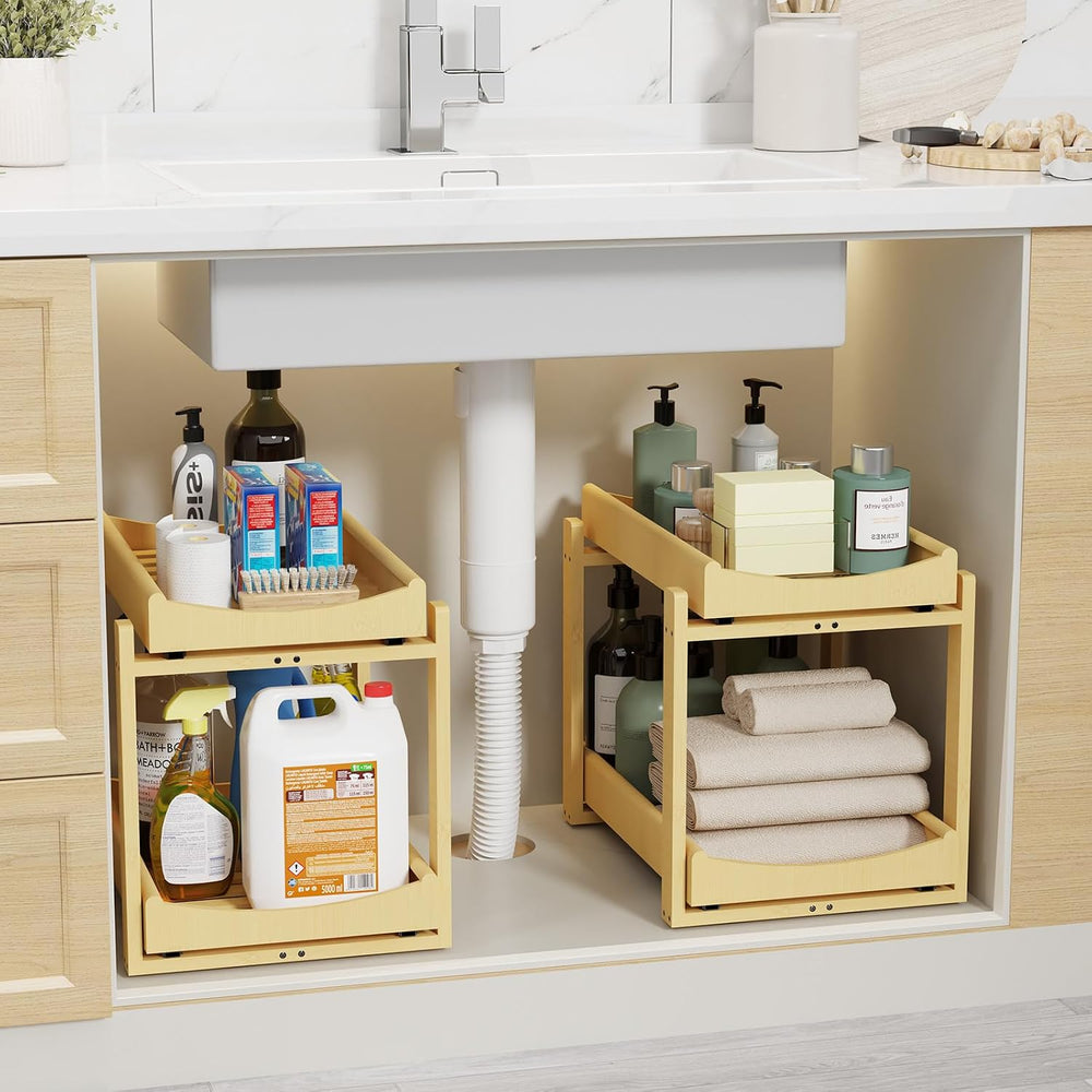Bamboo Under Sink Organizer Adjustable Height 2 Tier Bathroom Organizer Pull ...