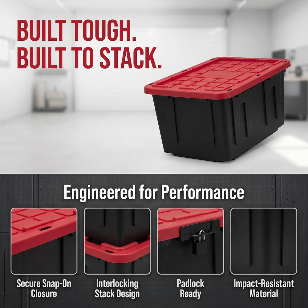4‑Pack 27 Gallon Stackable Storage Bin, Locking Red Lid Black Body