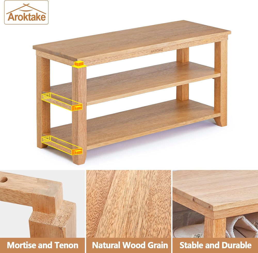Natural Real Wood Shoe Rack Storage Bench, 11.81"x 45.7"x 16.54"