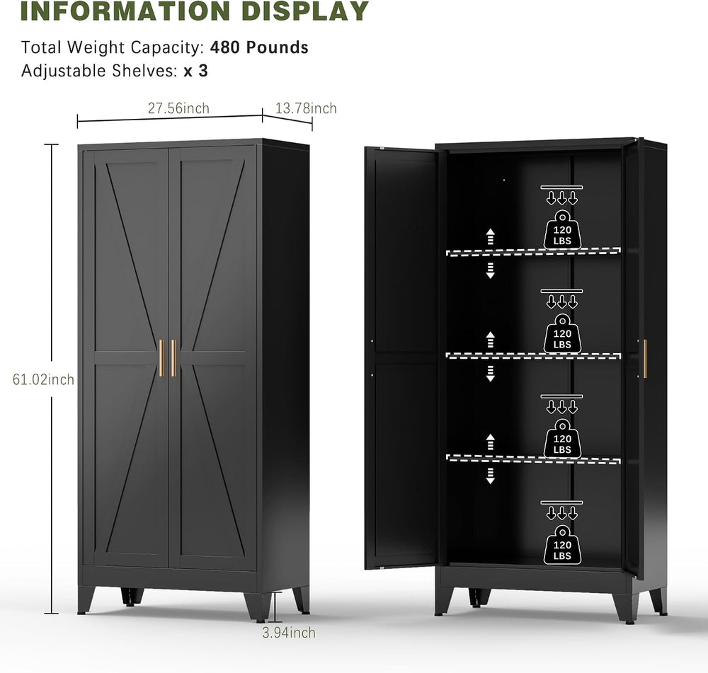 COFaR Black Farmhouse Storage Kitchen Pantry Cabinet with 2 Barn Door, 3 Adju...