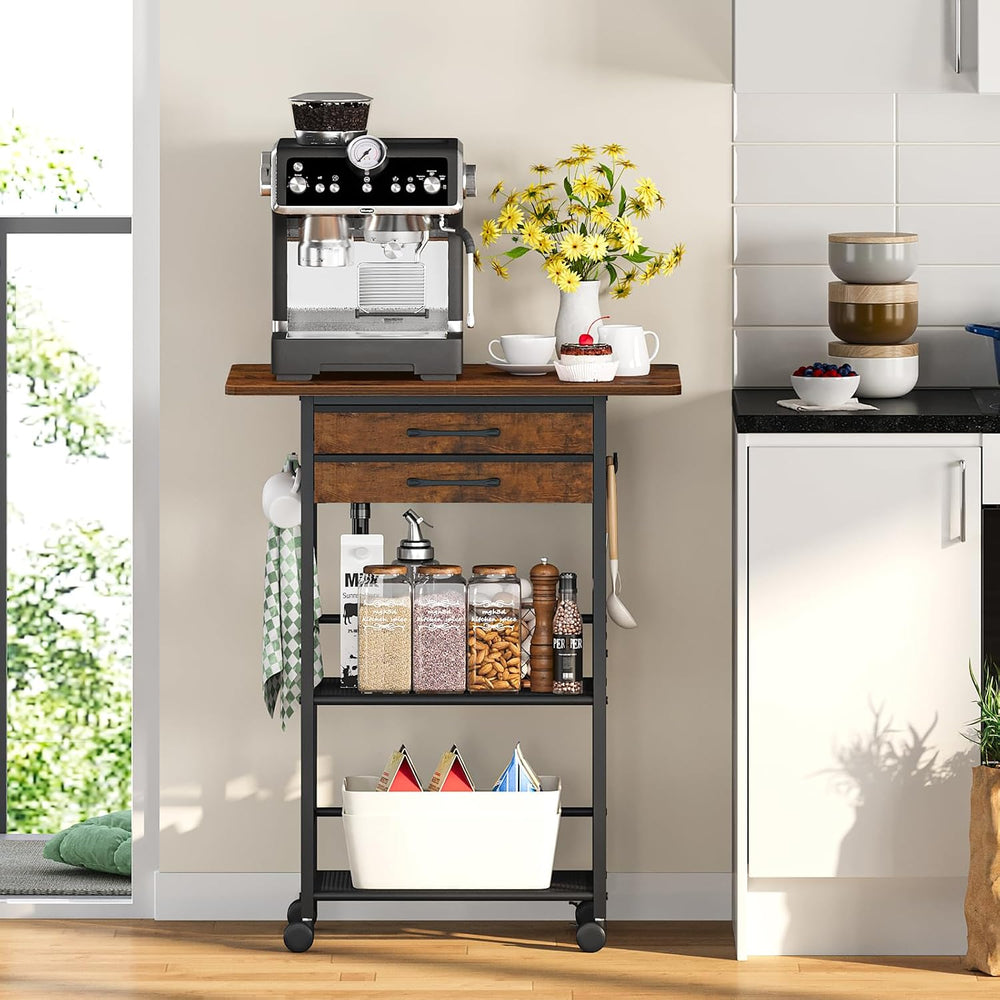 Snughome 5 Tier Rolling Coffee Cart with 2 Large Drawers & Removable Divi...