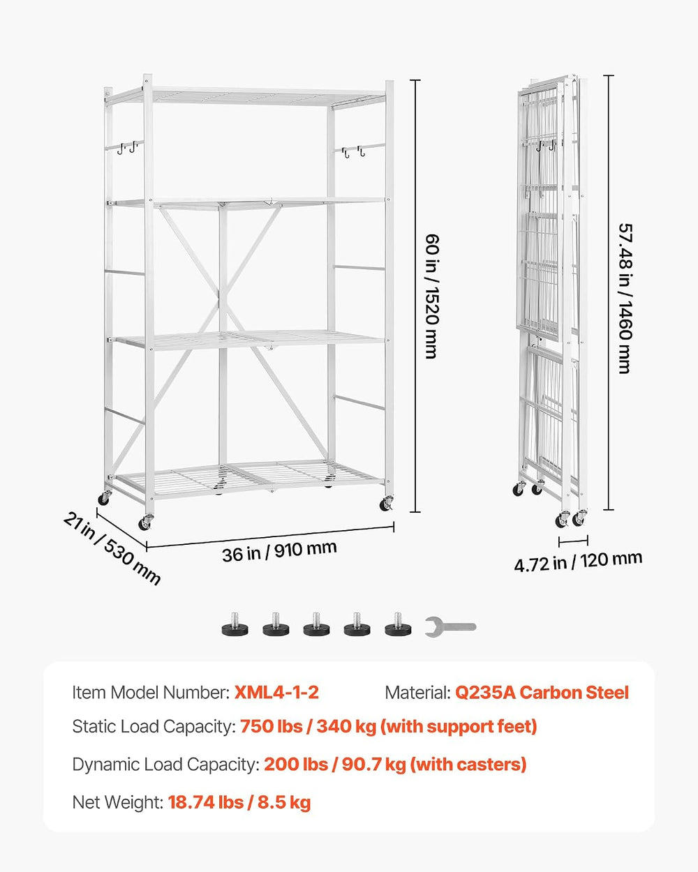 VEVOR 4-Tier Foldable Storage Shelf, 36W x 21D x 60 H Inch Folding Metal Rack...