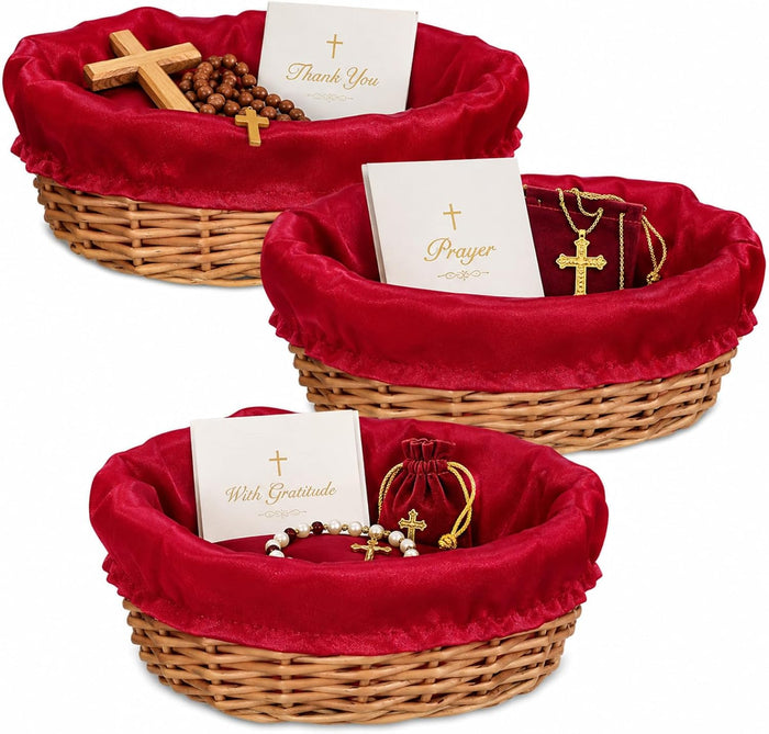 Hushee 3 Pack 9.1 Inch Round Offering Baskets for Church Wicker Offering Basket with Removable Liner Rattan Bowls Wicker Woven Bread Container for Church Receiving Gift(Red Liner)