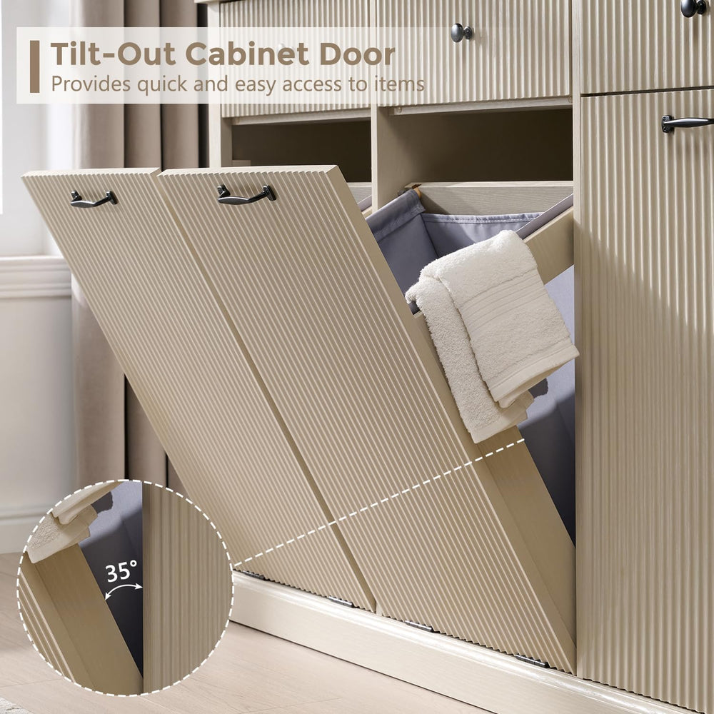 IFBUY Triple Tilt Out Laundry Hamper Cabinet, Trash Can Cabinet, Cream