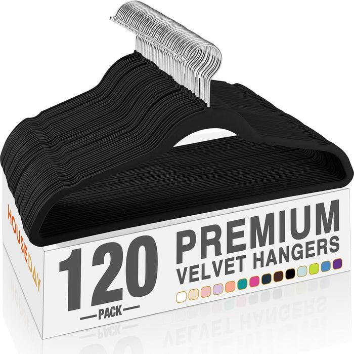 HOUSE DAY Black Velvet Hangers 120 Pack, Premium Clothes Hangers Non-Slip Felt Hangers, Sturdy Black Hangers Heavy Duty Coat Hangers, Durable Suit Hangers, Space Saving No Hanger Mark Rotating Hook