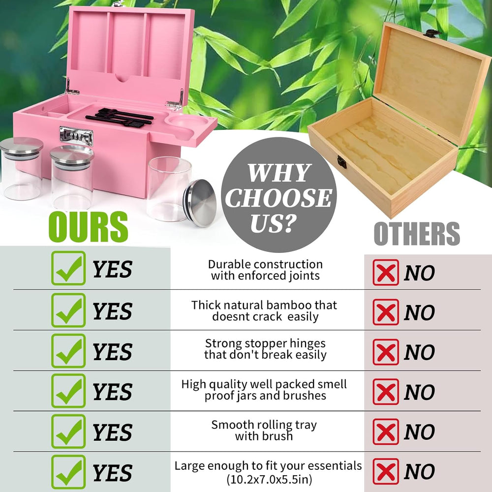 Large Pink Bamboo Box with Combination Lock, Decorative Storage Box with Deta...